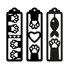 Vector vertical bookmarks designs with cat paw pattern for pet lovers. Funny laser cut template with cute animals. Decorative bookmark stencil for paper, wood and metal cutting