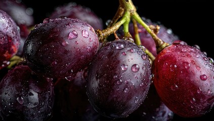 Close-up of a cluster of wet red grapes
