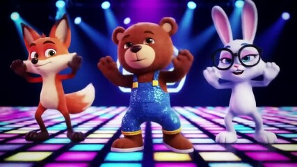 Cartoon characters dancing in sync on a colorful disco floor, 2D animation style with glowing lights and exaggerated moves