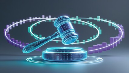 Digital holographic representation of a judge's gavel and sound block with virtual s and futuristic data elements symbolizing justice law and legal proceedings