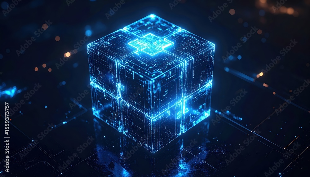 Poster futuristic digital cube with glowing blue matrix lines representing technology innovation and blockc