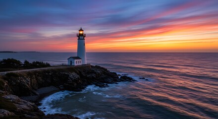 Naklejka premium Beacon of Guidance: A majestic lighthouse stands sentinel upon a rugged coastal promontory, bathed in the soft hues of a breathtaking sunrise, guiding ships safely to shore with unwavering resolve.