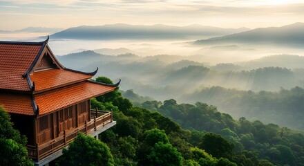 Fototapeta premium Serene Mountain Retreat: Asian Architecture Amidst Misty Landscape