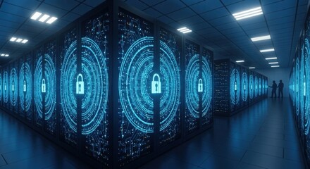 Secure data center with glowing digital padlock security symbols on server racks