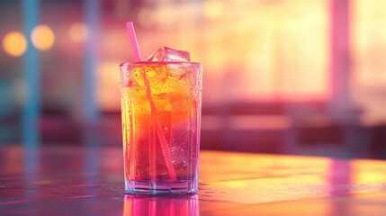 Vibrant Glass of Refreshing Iced Beverage with Straw and Ice Cubes in a Colorful Sunset-Infused Ambiance on a Smooth Reflective Surface