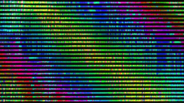 Vibrant digital glitch pattern with horizontal lines and multicolored pixelated effects, creating a dynamic abstract background.