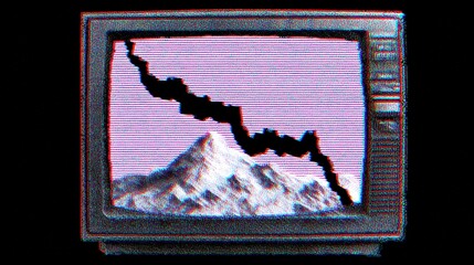 Fototapeta premium A vintage TV displays a snowy mountain with a crack across the screen, creating a retro glitch effect against a pink background.