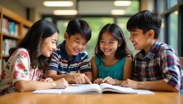 Diverse group of students studying together at a library table, books and laptops, collaborative mood.”