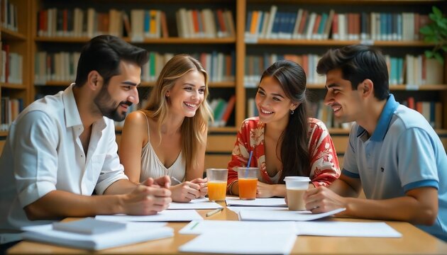 Diverse group of students studying together at a library table, books and laptops, collaborative mood.” - Powered by Adobe