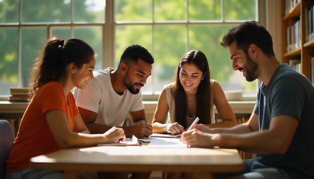 Diverse group of students studying together at a library table, books and laptops, collaborative mood.”