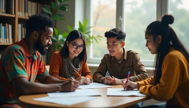 Diverse group of students studying together at a library table, books and laptops, collaborative mood.”