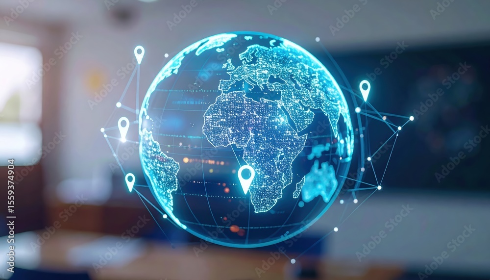 Poster highly detailed digital globe with interconnected data points representing global communication netw