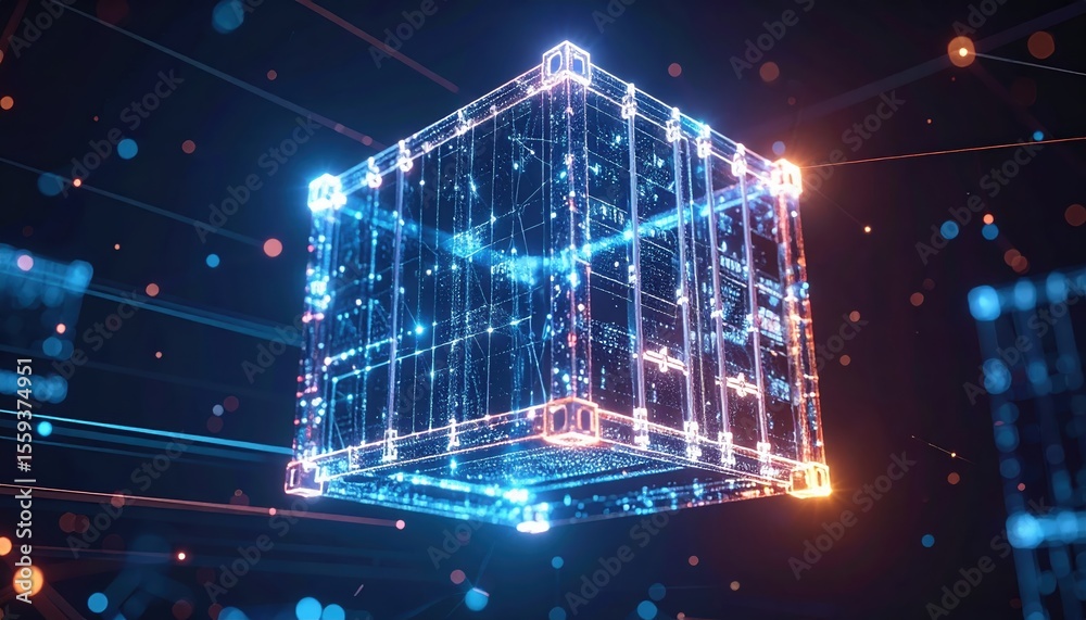 Poster futuristic glowing digital hologram of a transparent cube with intricate light patterns and network 