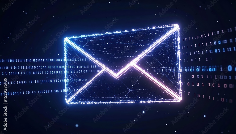 Poster digital communication concept with neon globe email icon glowing in a futuristic binary code backgro