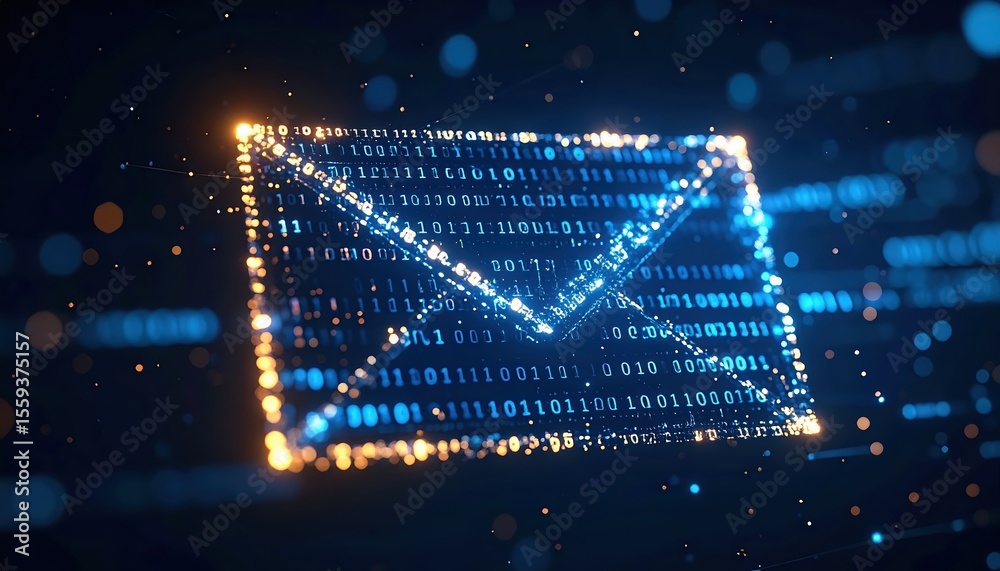 Poster digital data envelope illustrating data security and encryption concept with binary code and glowing