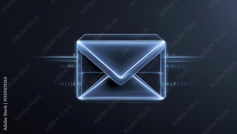 Poster futuristic glowing digital email envelope icon with binary code and light effects representing commu