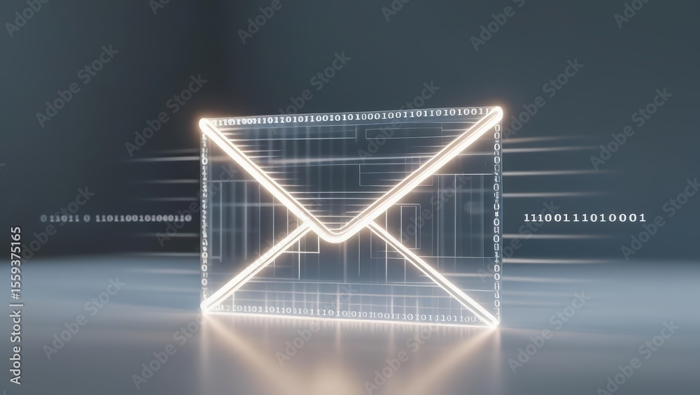 Poster futuristic glowing email icon made of illuminated neon lights with digital binary numbers and data s