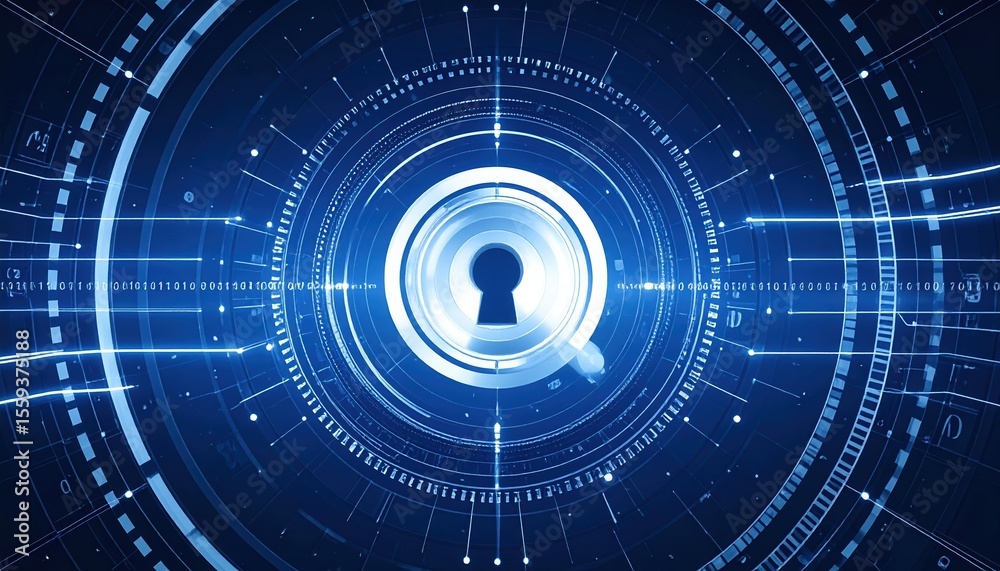Poster high tech digital security concept with digital lock symbol surrounded by futuristic data interface 