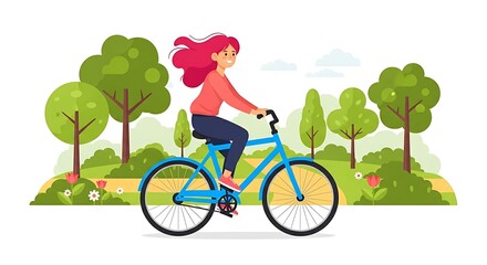 Happy woman with red hair riding a bicycle in a park with trees and flowers.