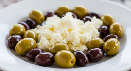 Plate of Greek olives and feta cheese
Azeitonas Verdes e Pretas com Queijo Feta 