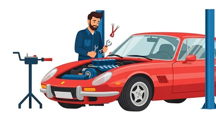 Bearded mechanic repairing the engine of a red sports car in a garage.