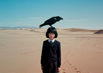 孤独に耐え、独り砂漠に立つ少女。カラスだけが彼女の孤独を埋めてくれる