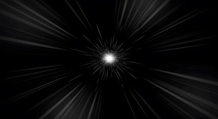 Abstract black and white background with radiating light streaks from center point