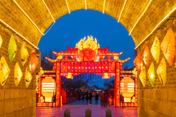 Shanhaiguan Great Wall at night， The word in the photo translates as "Shanhaiguan"
