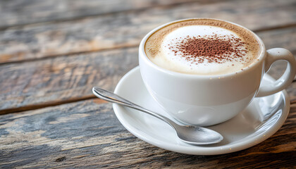 Fototapeta premium Cup of cappuccino coffee on wooden table