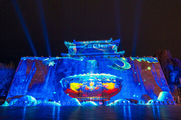 Shanhaiguan Great Wall at night， The word in the photo translates as "Shanhaiguan"