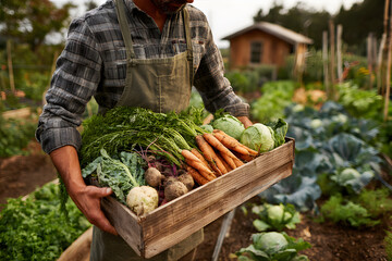 Male farmer carrying wooden box full of fresh harvested organic vegetables from garden. Healthy food producer gathering bountiful harvest.