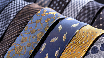 A collection of colorful ties with various patterns is displayed in a row, showcasing elegance and style. Fashion accessories, pattern variety