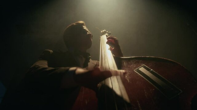 From below shot of adult man playing upright bass on stage in spotlight with focus on hands strumming strings, copy space