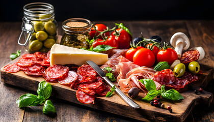 Italian food. Various kind types of salami, speck, sausages, parmesan cheese, green olives, basil and fresh tomatoes on a wooden table