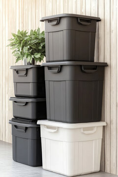 Stacked storage boxes are placed against a wooden wall with a plant on top. Organization and storage solution