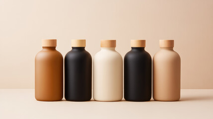 Five minimalist bottles in neutral colors are neatly lined up side by side. Modern design concept, minimalism, simplicity, elegance