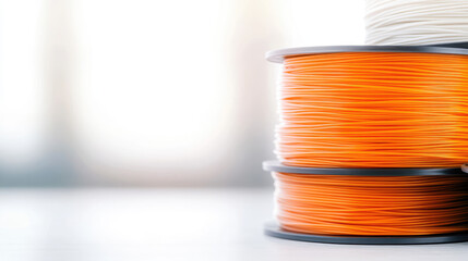 Orange spools of filament are stacked on top of each other. Filament manufacturing materials