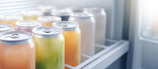 Cans of various colored beverages are organized neatly on a fridge shelf. Refreshing drinks, chilled, variety, beverages