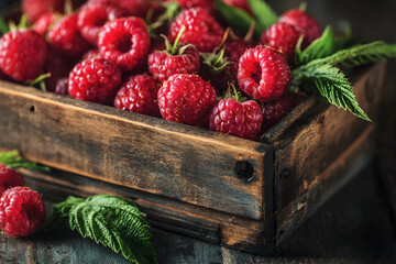 Fresh red raspberries with green leaves in a rustic wooden crate. Sweet summer fruit for healthy eating and natural desserts.
