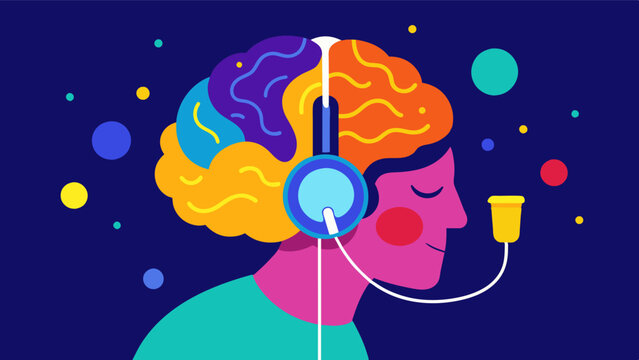 An illustration of a persons brain lighting up with colors and patterns while listening to a personalized music playlist representing the multisensory stimulation it provides.. Vector illustration