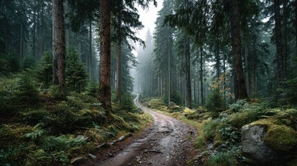 Obraz premium Enchanting forest trail through a mystical woodland with tall evergreen trees