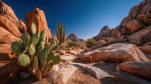 Scenic desert landscape featuring saguaro cactus and rocky formations under blue sky