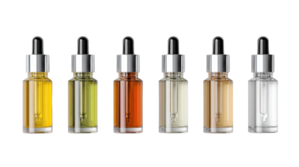 A collection of six glass dropper bottles filled with various essential oils on a transparent background.