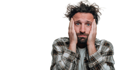 A man expressing frustration with hands on his face, isolated on a white background.
