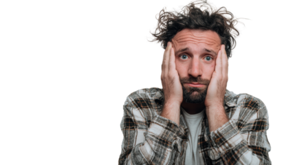 A man expressing frustration with hands on his face, isolated on a white background.