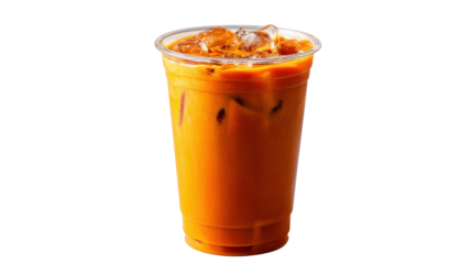 A refreshing cup of iced tea with ice cubes on a white isolated background.