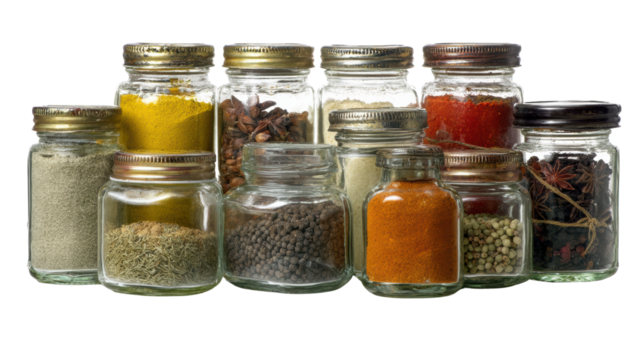 A collection of assorted spice jars arranged on a white background for culinary inspiration and flavor enhancement.