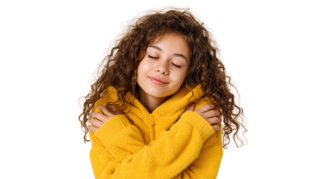 A happy girl with curly hair, wearing a yellow hoodie, embracing herself with a joyful expression.