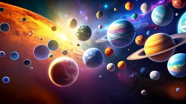 Colorful planets with rings floating in the vastness of a cosmic nebula universe with stars in the background