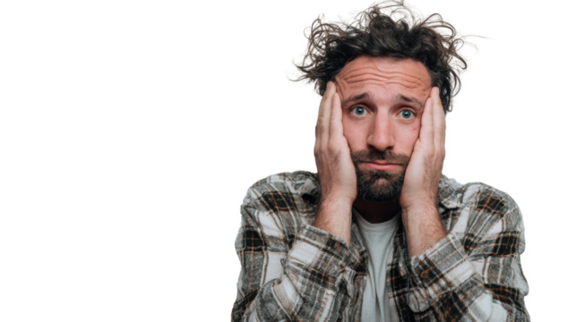 A man expressing frustration with hands on his face, isolated on a white background.
